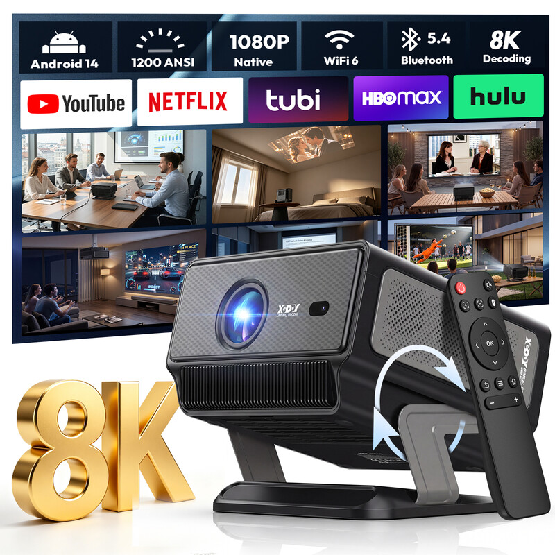 XGODY Heimkino Projektor Gimbal A8: Natives 1080P, 1200 ANSI, Android 14.0, WiFi 6 für Kinoabende im Schlafzimmer. Schwarz