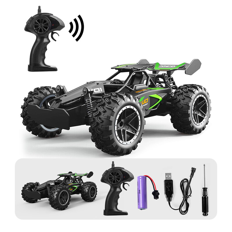 4WD RC Off-Road Buggy Auto, 2,4 GHz Afstandsbediening All-Terrain Race-Truck met 4-Wiel Aandrijving, Anti-Botsing Behuizing, Grote Off-Road Banden, Oplaadbare 3,7 V Lithiumbatterij, Zand Gras Sneeuw All-Terrain Voertuig Speelgoed Cadeau voor Jongens Kinde