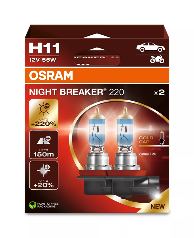 OSRAM NIGHT BREAKER 220, H11, +220% meer licht, halogeen koplamp, 64211NB220-2HB, 2 lampen