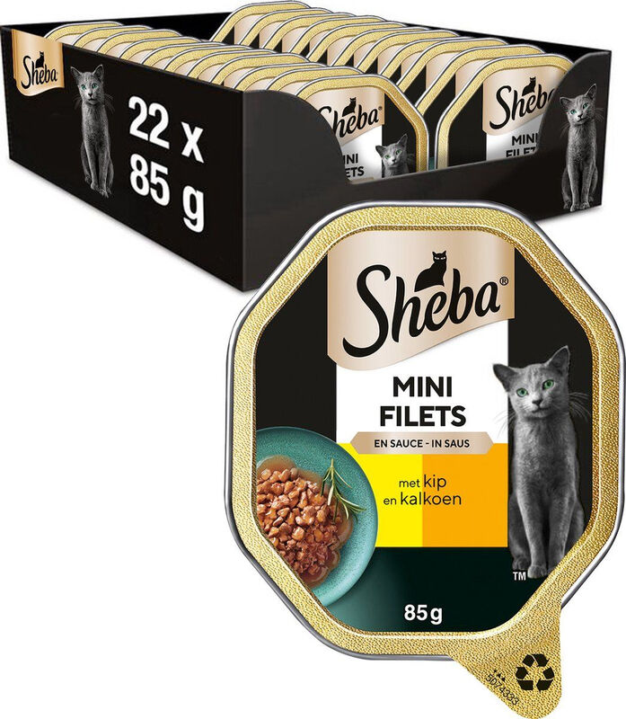 Sheba Mini Filets Kattenvoer Kattenvoer in Blik Eiwitrijk Verschillende Smaken Kip & Kalkoen 22 x 85 g