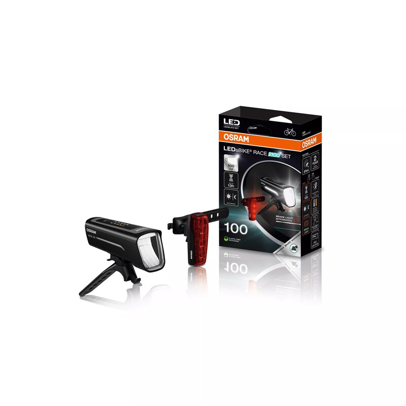 OSRAM RACE 100 SET - Oplaadbare fietsverlichtingsset - LED-licht voor en achter met remlicht, meerdere lichtstanden, drie helderheidsniveaus, 100 lux, StVZO-goedgekeurd