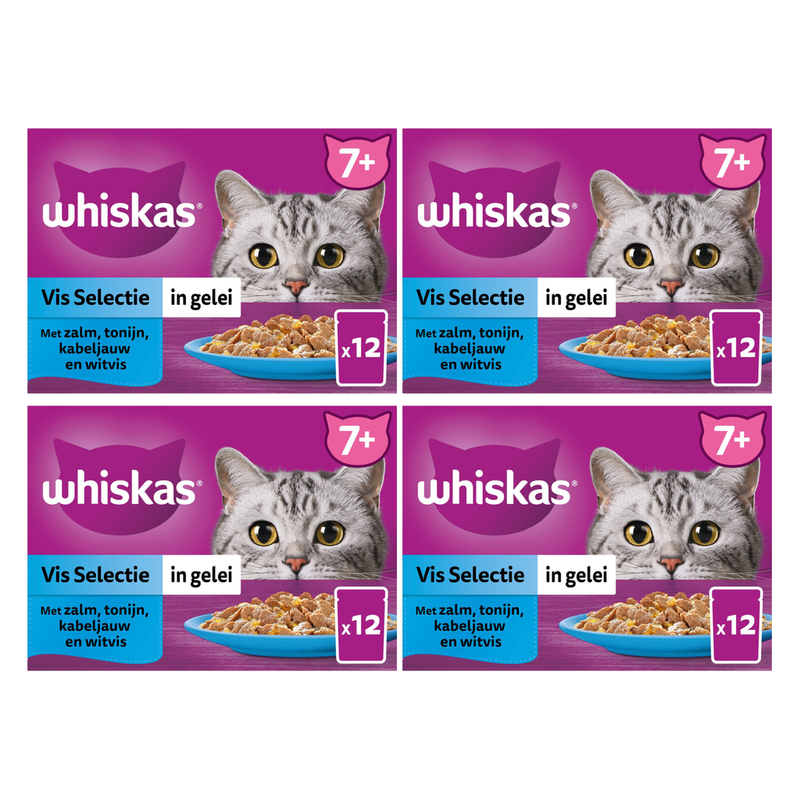 Whiskas Nourriture humide pour chats seniors Sélection de poissons en gelée 7+*4