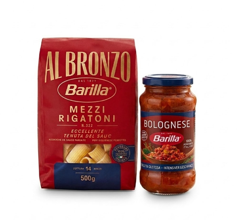 Barilla Al Bronzo Mezzi Rigatoni 500 g + Barilla Pastasauce Bolognese 400 g