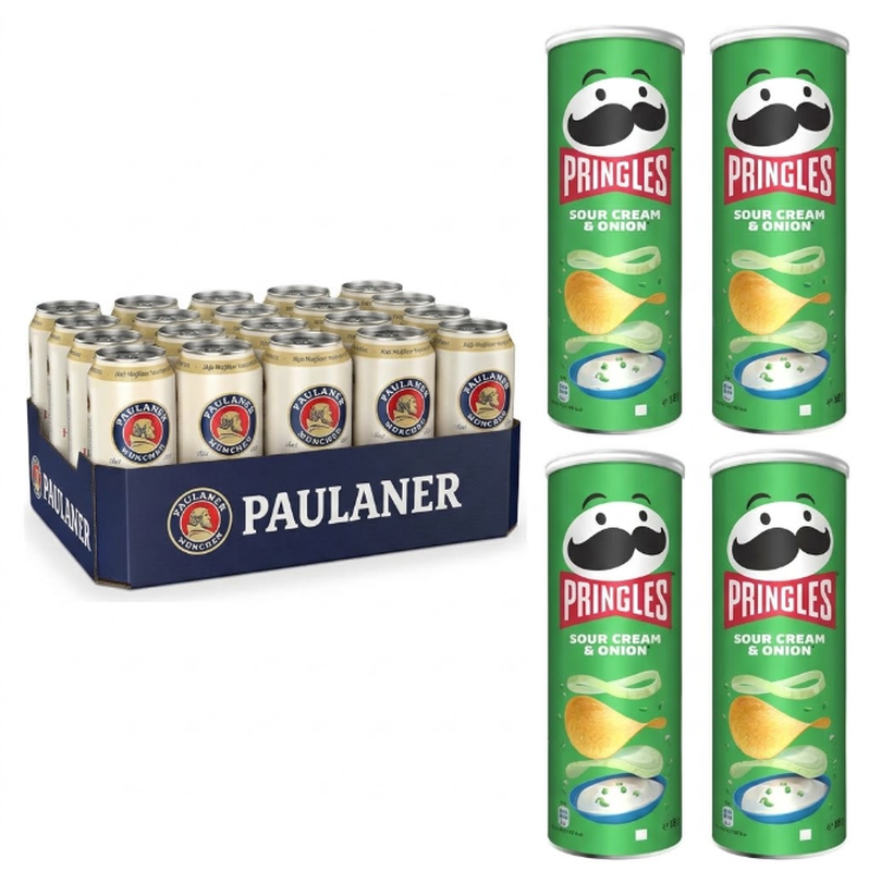 Vorteilspack PAULANER Hefe-Weissbier Weizenbier 24x0,5 L + Pringles Sour Cream & Onion Kartoffelchips 4x185 g