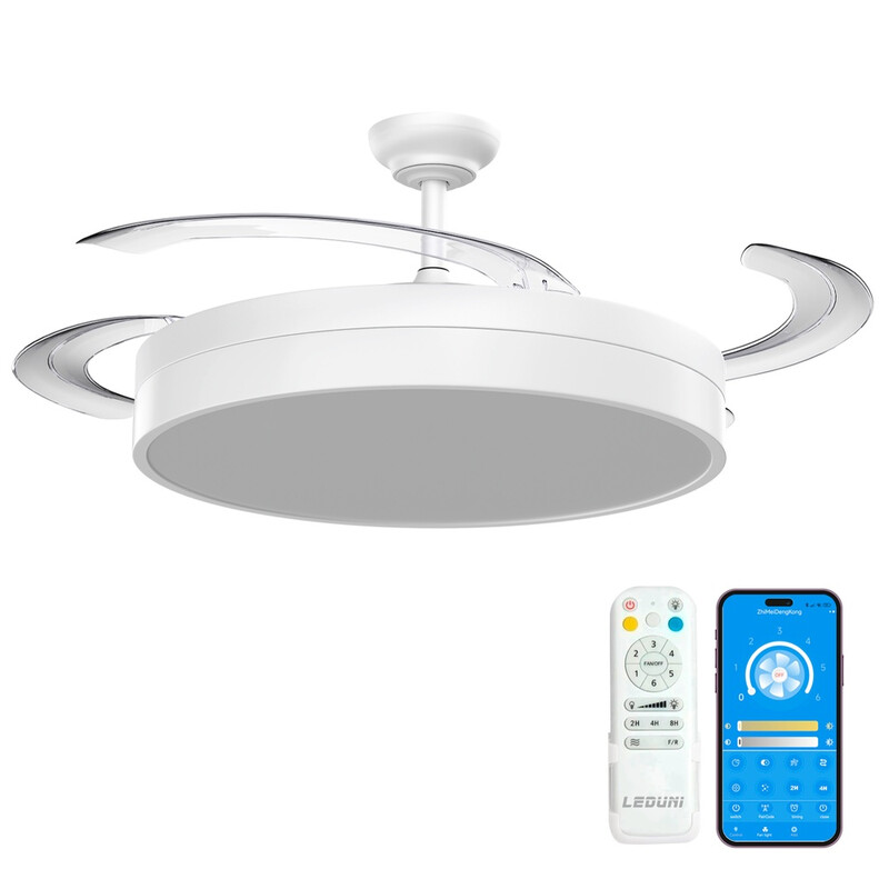 LEDUNI Deckenventilator mit LED-Licht Weiß Ø 50 cm, Fernbedienung + App, DC-Motor + LED, 66 W, 4 einziehbare Flügel, CCT, Leise. CCT 3000 K/4000 K/6000 K; Sommer-/Winterumkehr; Fernbedienung + App; Ø 107 cm ausgeklappt; Innenbereich.
