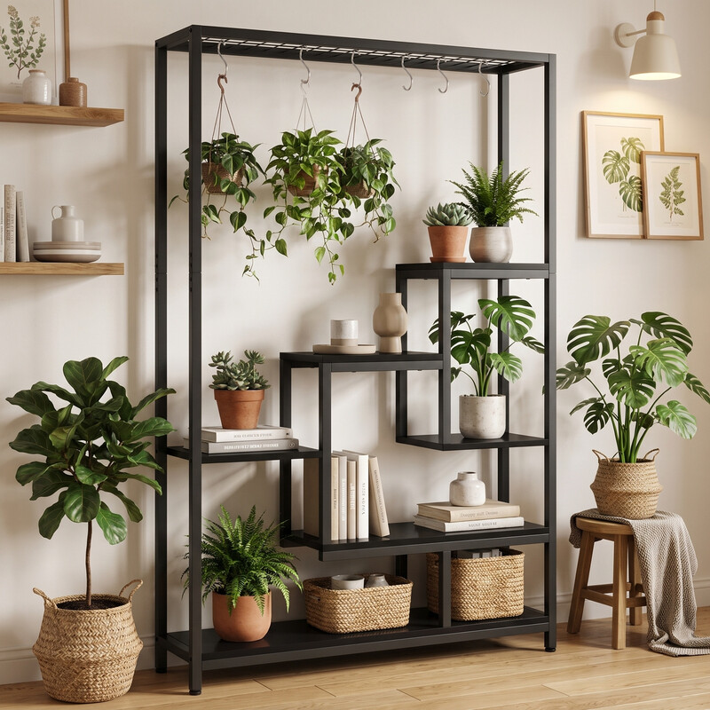 Blumenständer, 5-stufiger Pflanzenregal mit 10 S-Haken, 180 cm hoher Pflanzenständer