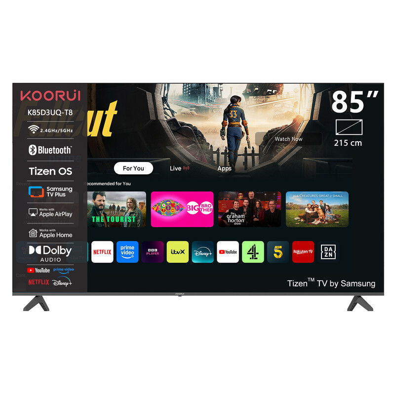 KOORUI K85D3UQ-T8, 85 inch, 4K QLED, TIZEN TV, Randloos ontwerp, Dynamisch geluid met Dolby Audio, Top-end metalen afwerking