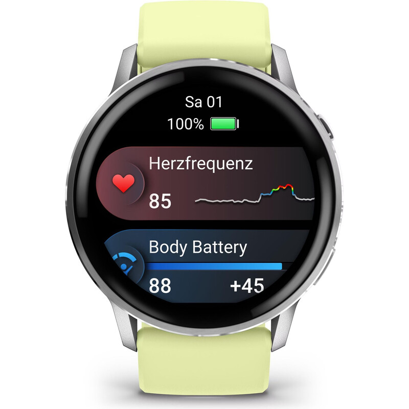 GARMIN Smartwatch Venu 4 GPS, Edelstahl, 45 mm Silber/Zitrone, AMOLED Display, 12 Tage Akku, EKG, GARMIN Pay & Coach, 80+ Sport Apps