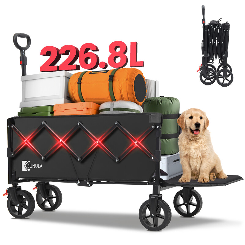 SUNULA Klappbare Bollerwagen mit 226.8 L Fassungsvermögen und 100 kg Belastbarkeit, verlängerte Laderampe, All-Terrain-Räder mit Bremsen, ideal