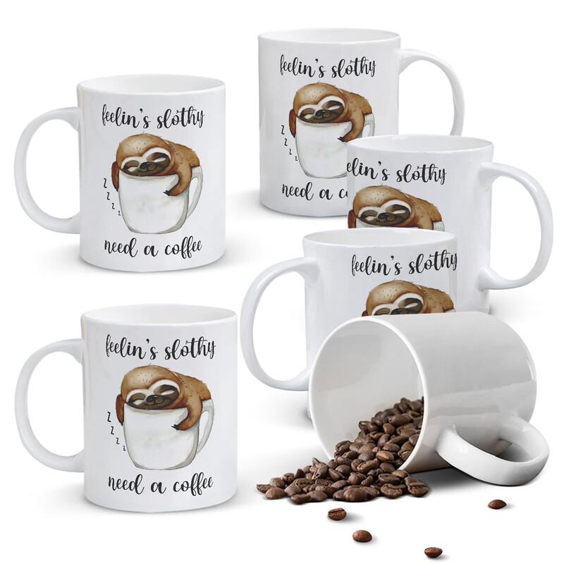 1pc 11oz White Mug with "Feelin' Slothy, Need a Coffee" Quote & Sleeping Sloth in a C