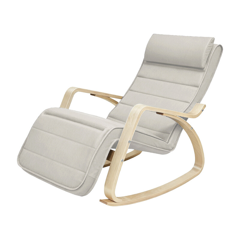 JOYFURNOS Beige berkenhouten schommelstoel met verstelbare voetensteun en afneembare hoes – 121,5 x 65 x 84 cm, ontspannende stoel voor woonkamer of slaapkamer