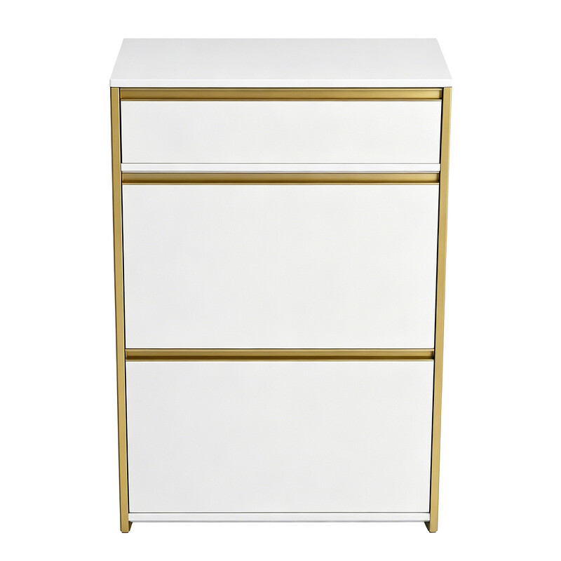 HaluPeit smalle schoenenkast met 2 scharnierdeuren, schoenenrek, schoenenplank met lade, smalle schoenenkast met 4 planken, verstelbaar, voor gangen en gangen, 60 x 24 x 104,5 cm, wit en goud