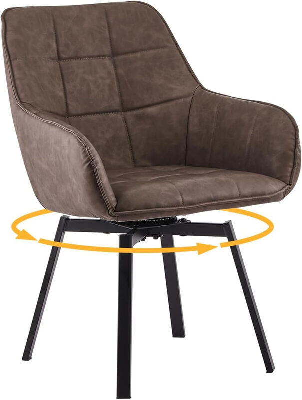 CLIPOP 360° Swivel Dining Chairs Brown Faux Leather Upholstered Kitchen Chairs without Wheels Ergonomic Office Desk Chair with Arms and Metal Legs for Home Restaurants 0407-s brown 55*45*82.5 cm