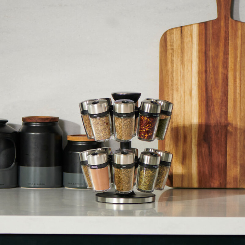 Cole & Mason Cambridge 16 Jar Spice Carousel With Premium Rotating Spice Rack, Filled Glass Spice And Herb Jars With Labels | Kitchen Storage | Spice Organiser