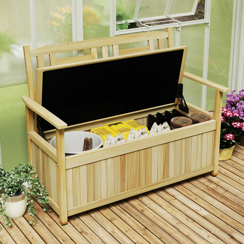 Costway 185L Patio Storage Bench Solid Wood Storage Loveseat with Backrest and Armrests-Natural