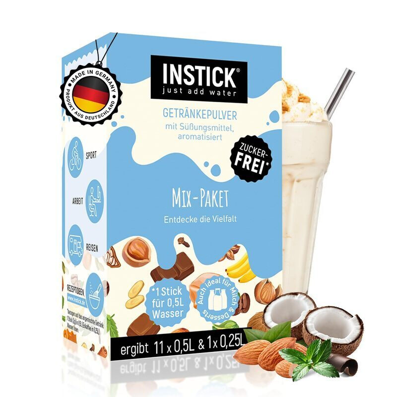 INSTICK Zuckerfreies Instant-Getränk für Milchprodukte (Mix-Paket) - 1 Packung für 12 x 0,5 L - Ideal für Milch, Joghurt, Skyr, Quark- Vegan & Kalorienarm