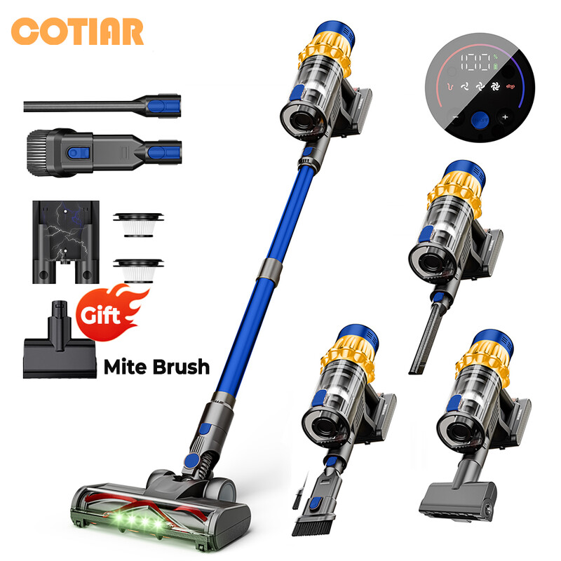 Aspiradora inalámbrica COTIAR V22 650W, aspiradora sin escobillas con potencia de succión de 55kPa, capacidad de 1,2 L, pantalla LED para suelo, alfombra, pelo de mascota