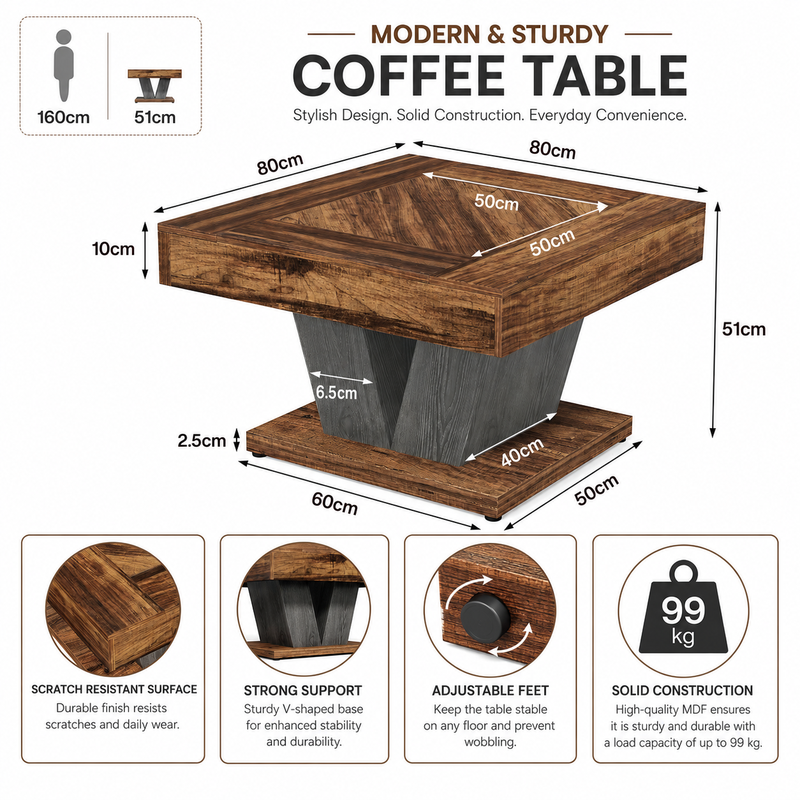 LANTINE 80 cm Couchtisch, Wohnzimmertisch aus Holz, quadratischer moderner Cocktail-/Teetisch und Akzenttisch, Rustikalbraun und Schwarz