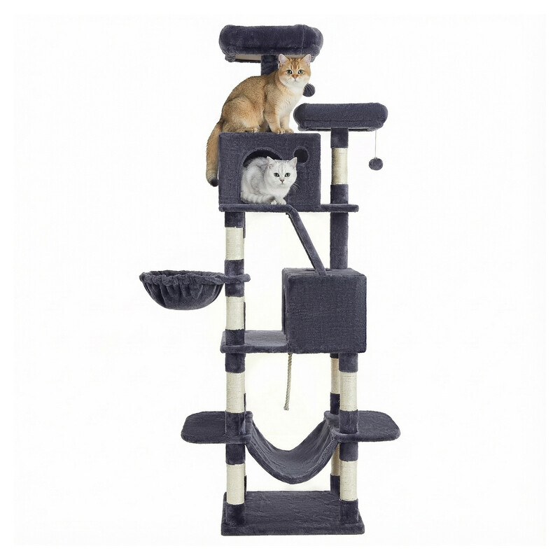 JOYFURNOS Krabpaal, 206 cm Grote Kattentoren met 13 Krabstammen, 1 Krabtrap, 2 Platforms, 2 Kattenhuisjes, Mand, Hangmat, Pompons, Meerdelige Pluche Kattenhuis voor Binnencatten, Rookgrijs