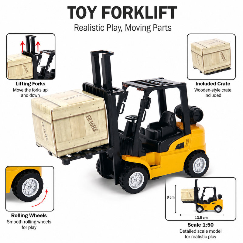 Spielzeug-Gabelstapler mit Kiste, 1 Stück, bewegliche Gabelzinken, Logistik-Rollenspielspaß, für Kinder und gemeinsames Spielen mit der Familie