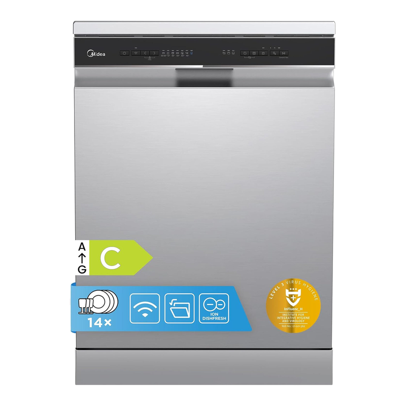 Midea Mdwef1433d(Ss)-Wg-Uk Freestanding Full Size Dishwasher With Cutlery Tray, Stainless Steel, C Rated
