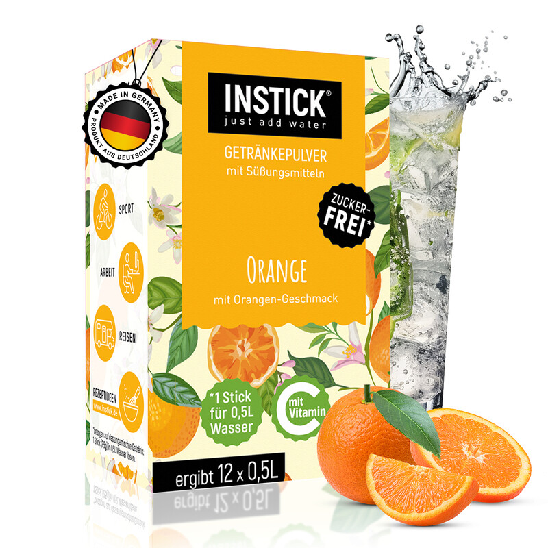 INSTICK Zuckerfreies Instant-Getränk (Orange) - 1 Packung für 12 x 0,5-1 L - Veganes Getränkepulver Kalorienarm & Vitamin C - Instant-Pulver