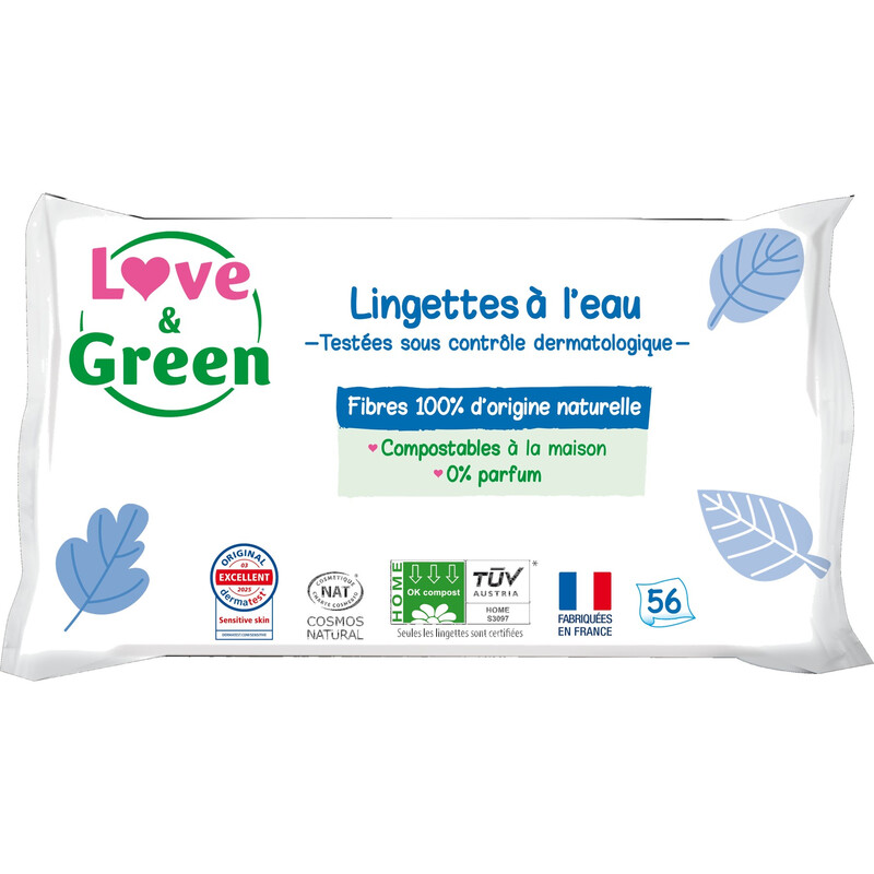 LOVE & GREEN Lingettes écologiques à l'eau - fibres 100% d'origine naturelle - 56 lingettes