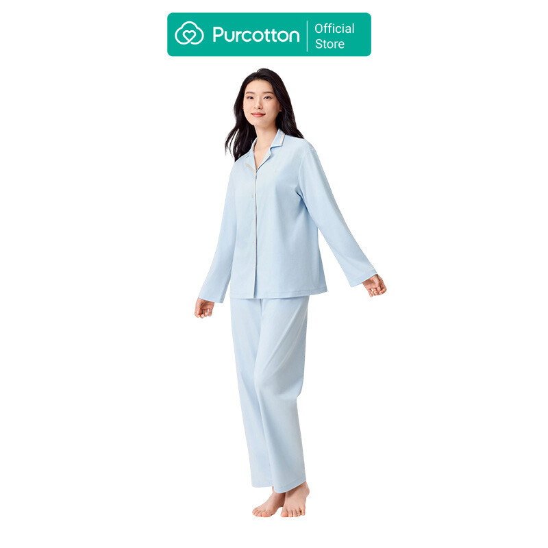 Women's Lustrous Cotton Brushed Loungewear Set, Cloud & Water Blue, Top: UK 12 (M); Bottom: UK 12 (M)
