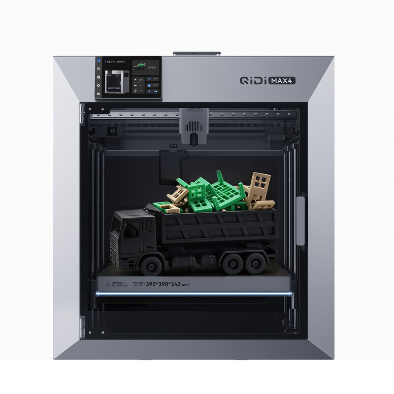 QIDI TECH 3D Drucker: Max4 Büromodell mit 390x390x340mm Bauvolumen, beheizter 65°C Kammer & 800 mm/s Druckgeschwindigkeit für 16 Farben.