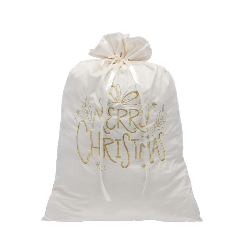 Festive 70Cm White / Gold Merry Christmas Sack