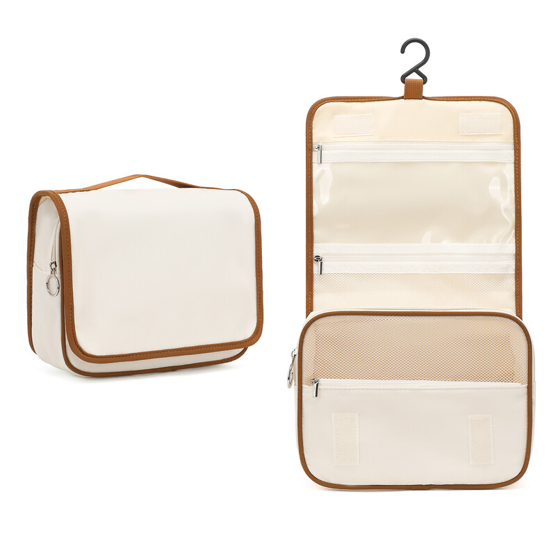 Kono hängende Reise-Kulturbeutel, wasserdichte faltbare Make-up-Waschtasche mit Haken & mehreren Taschen für Herren Damen, Beige/Braun