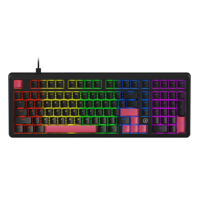 AJAZZ AK980 98% wired mechanical keyboard, US QWERTY layout, gasket mount, rainbow backlight - hot swap support - red switch - black and pink