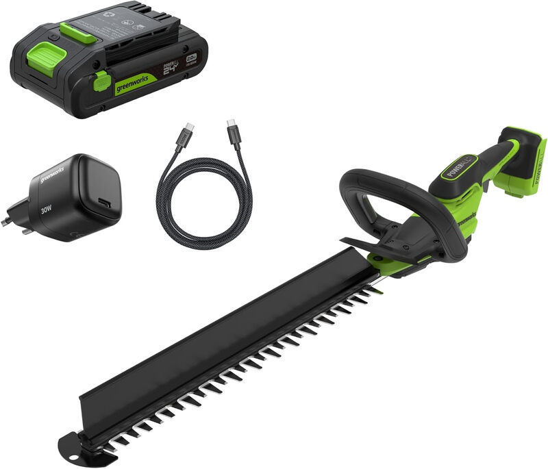Greenworks Kit de tondeuse à haies sans fil 24 V 51 cm Moteur sans balais Capacité de coupe 28 mm Lame à double action Batterie 2 0 Ah et chargeur USB C inclus Balayeuse de haies HT2002A1