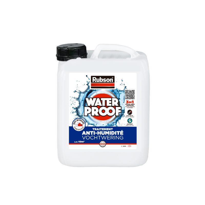 Rubson – Traitement Murs Humides (2,5 L) – Traitement 3-en-1 anti-salpêtre, hydrofuge et durcisseur de plâtre – Produit anti-humidité pour tous supports sur mur intérieurs