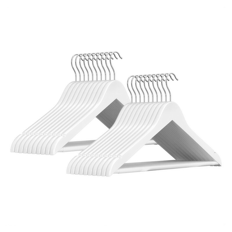 Ochama White & Silver Wooden Clothes Hangers (Set of 20) - Shoulder grooves,44.5x23x1.2cm，360° swivel hook, non-slip trouser bar - perfect for suits, shirts & jackets