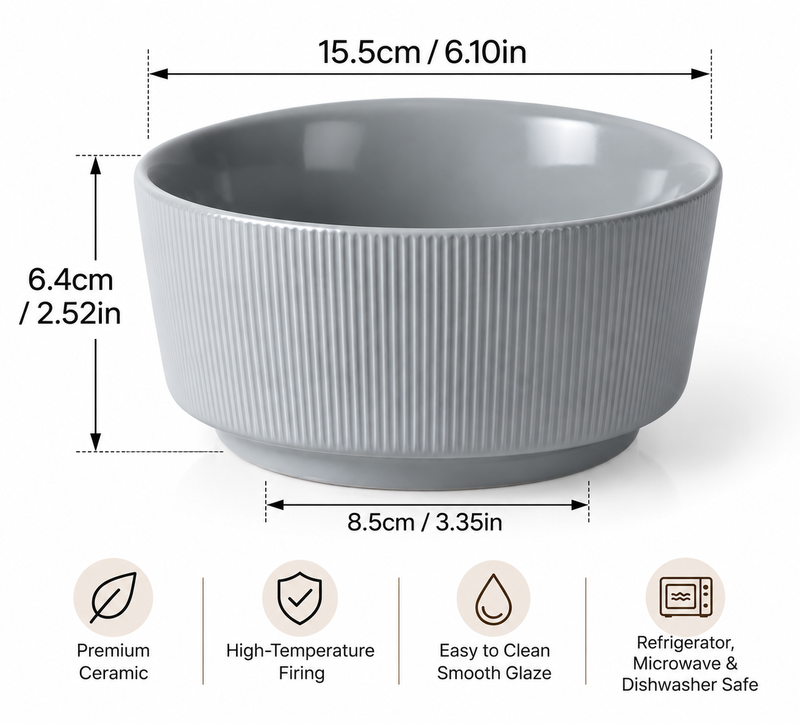 JIWOO Nordic Style 6 Zoll feines Porzellan mittlere Schüssel, graue feine Streifen, 1 Stück—Reisschüssel, Spätnachtsnackschüssel, Suppenschüssel, Frühstücksschüssel