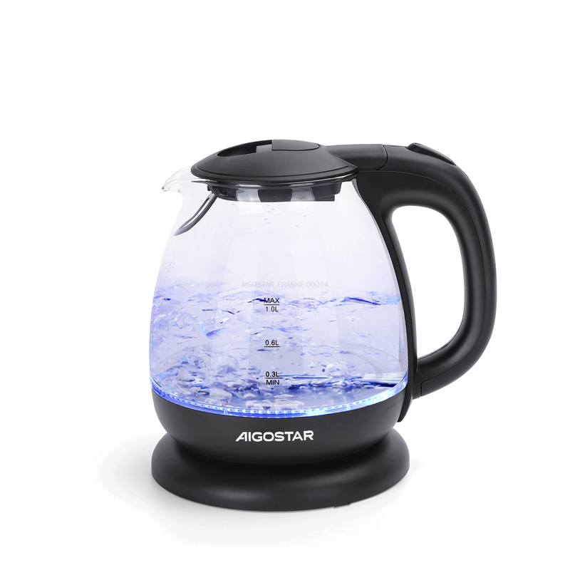 Aigostar Elektrischer Wasserkocher Glas & Kunststoff 2200 W 1,0 L Schwarz VDE/Elfin