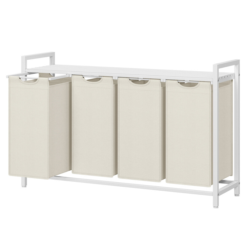 JOYFURNOS Wasmand, Wasverzamelaar met 4 vakken, Uittrekbare en verwijderbare binnenzakken, Kledingsorter met plank, Metalen frame, 4 x 40 L, 116 x 33 x 72 cm, Crèmewit en Matwit