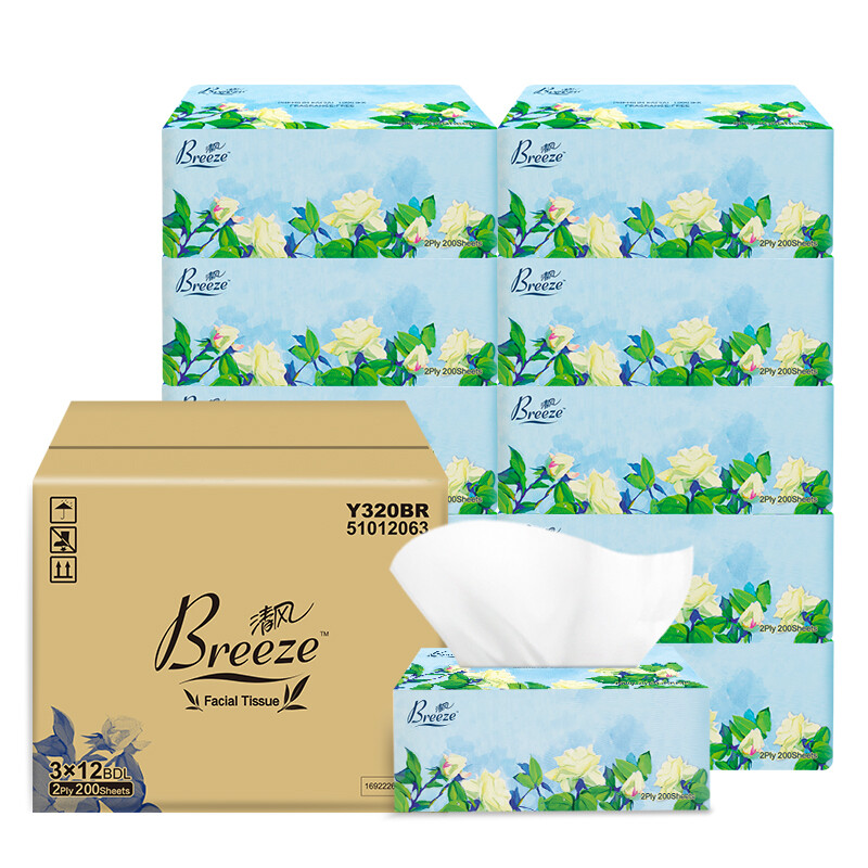 Breeze Blossom Tissues in Doos – 36 Dozen (3 × 12), 200 Tissues per Doos – Totaal 7200 Tissues (2-Laags), Extra Zacht & Huidvriendelijk, Groot Formaat met Bloemmotief – Voordeelpakket voor Gezin, Kantoor & Thuis