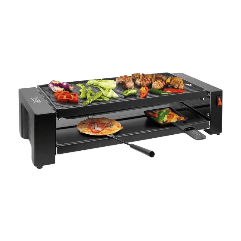 Fritel Pizza-Raclette Grill PR 3195 - Tafelgrill/Mini Grill/Raclette Bakplaat - 1200 W - 40 x 20 cm - 8 Personen + 8 Raclettepannetjes & Spatels