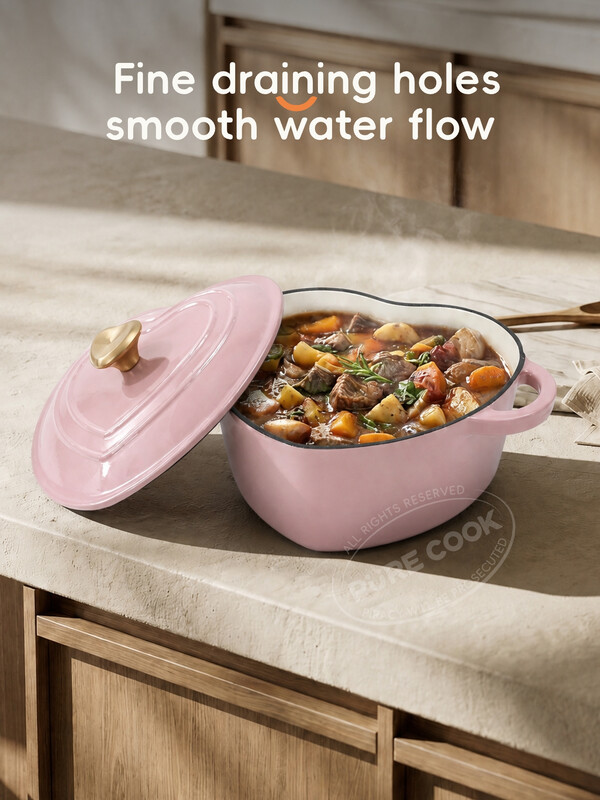PURE COOK Kochtopf Gusseisen - Rosa herzförmiger Emaille-Kochtopf für den Herd, ideal zum Kochen und Schmoren