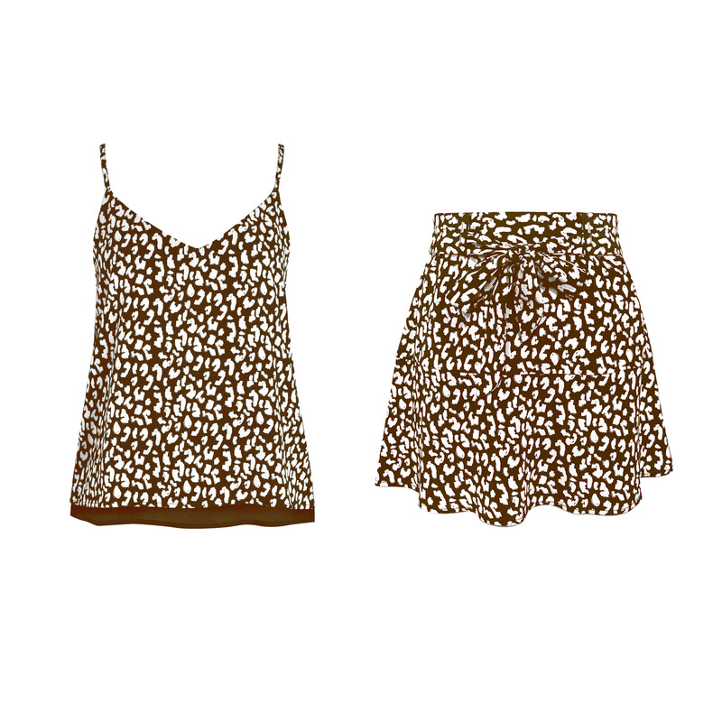 v-neck coffee printed camisole and pantskirt set S