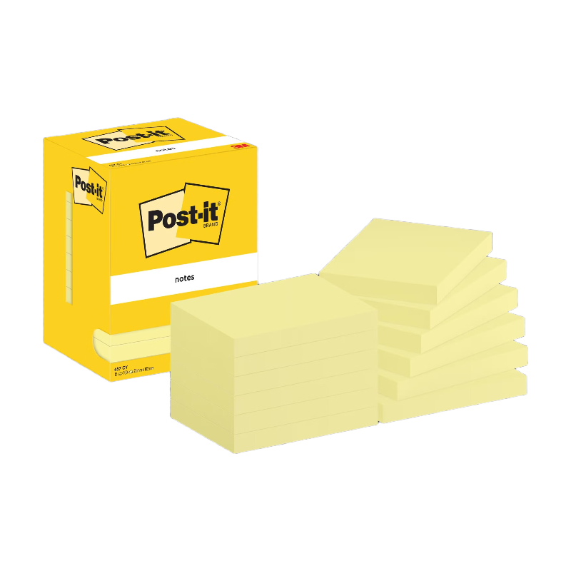 Post-It Notes adhésives, Jaune canard, 102 mm x 76 mm, 100 feuilles/feuille, 12 blocs/lot, Emballage en carton, 100 % PEFC, SGSCH-PEFC-COC-110078