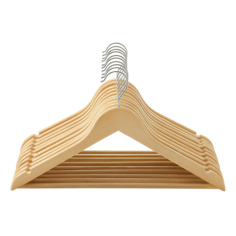 Ochama Set van 10 natuurlijke houten kleerhangers –44.5 x 23 x 1.2 cm Schouderinkepingen tegen wegglijden, 360° zilveren draaibare haak – perfect voor pakken, overhemden & jassen