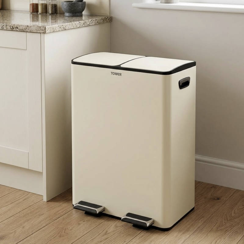 Tower Cream Recycling Pedal Bin With Two Compartments 60L,