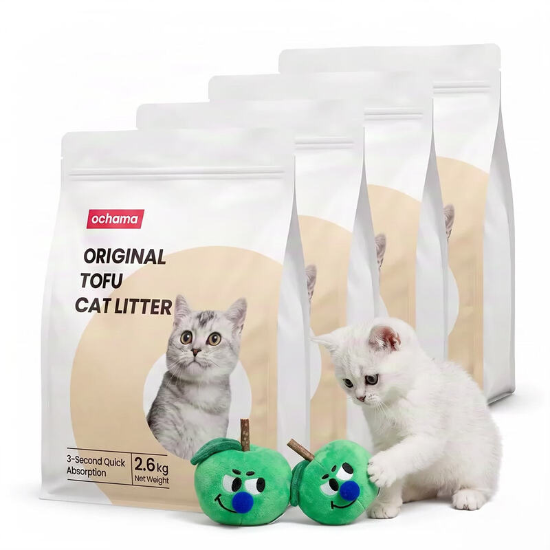 Ochama tofu kattenbakvulling 4 pakken en zeze groene appel silvervine speelgoed