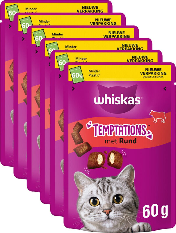 Whiskas Temptations Kattensnacks Rundvleessmaak 6x60 g