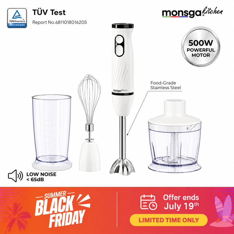 Monsga 2-In-1 Hand Blender & Whisk S100, Ergonomic Stick Blender With Normal/Turbo Modes, Anti-Splash & Pan Protection, 500Ml Chopper, 500Ml Beaker, 1.5M Cable, Dishwasher Safe, Cream White