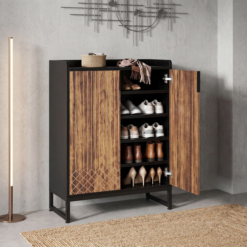 Schuhschrank mit 2 Türen, 73 x 35 x 105 cm, Schuhregal für 25 Paar, Schuhschrank mit Metallrahmen, schmaler Schuhschrank, Schuhkommode für den Flur, Braun & Schwarz