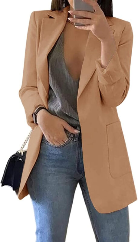 Women's Casual Blazers Open Front Long Sleeve Lapel Collar Work Office Jacket (CAMEL，